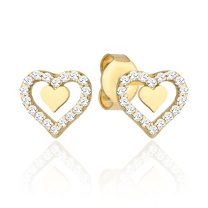Kolczyki złote serduszko w sercu wysadzanym cyrkoniami na sztyfcie