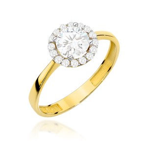 Pierścionek złoty z centralną cyrkonią w oprawie mniejszych i gładką szyną