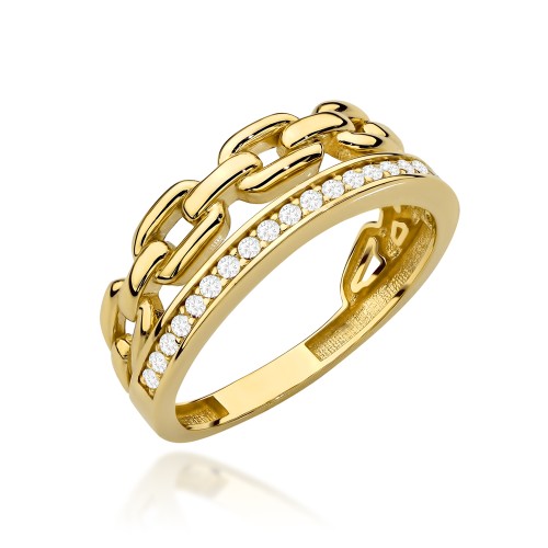 Pierścionek złoty podwójny z ogniwami i rzędem cyrkonii