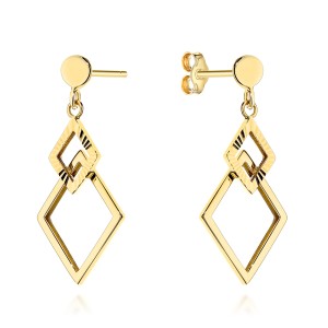 Kolczyki złote wiszące romby zdobione diamentowaniem