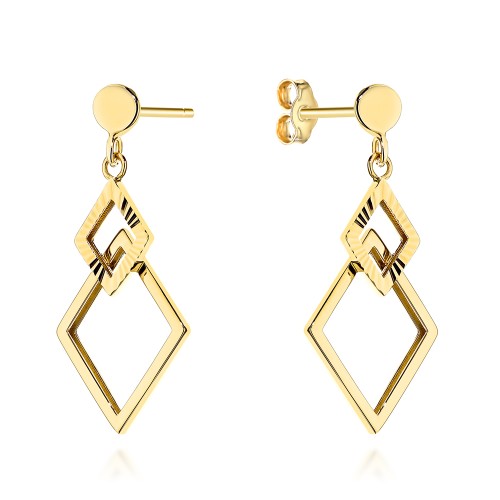 Kolczyki złote wiszące romby zdobione diamentowaniem