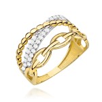 Pierścionek złoty podwójny z ogniwami, cyrkoniami i gładkimi kuleczkami