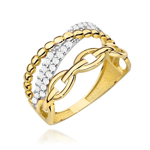 Pierścionek złoty podwójny z ogniwami, cyrkoniami i gładkimi kuleczkami