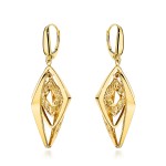 Gold earrings with triple smooth rhombuses decorated with openwork