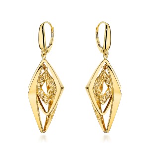 Kolczyki złote potrójne gładkie romby zdobione ażurem