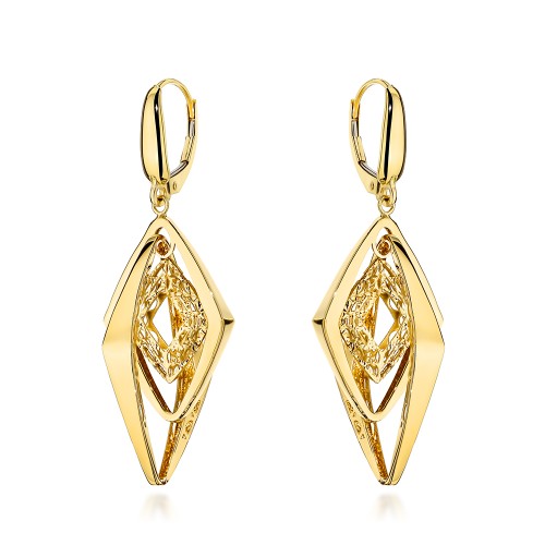 Kolczyki złote potrójne gładkie romby zdobione ażurem