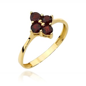 Pierścionek złoty kwiat z naturalnym kamieniem - granat