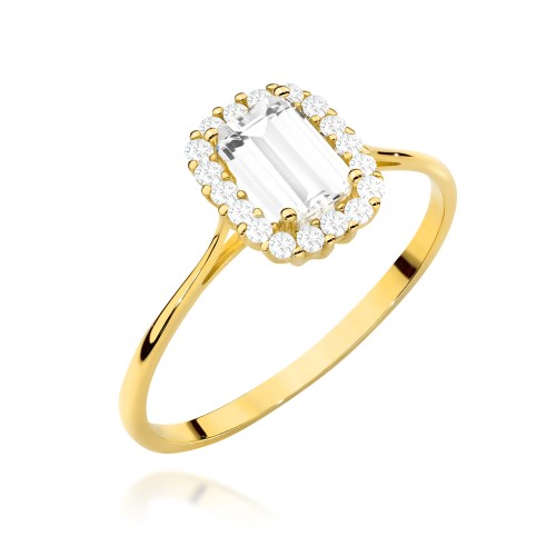 Pierścionek złoty z prostokątnym kamieniem oprawionym cyrkoniami