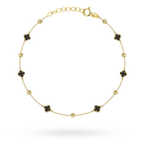 Bransoletka złota z czarnymi koniczynkami i diamentowanymi kulkami
