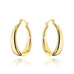 Medium gold hoop earrings with a wide rail on an English clasp