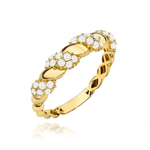 Pierścionek złoty pleciony naprzemiennie zdobiony cyrkoniami
