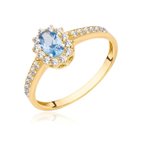 Złoty pierścionek błękitny kamień cyrkonie pr. 333