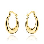 Gold hoop earrings with a rounded rail on an English clasp