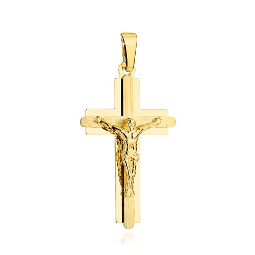 Krzyżyk złoty satynowy w błyszczącej oprawie z ukrzyżowanym Jezusem