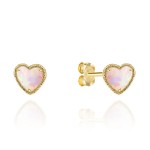Gold heart earrings with pink opalite in a braided setting