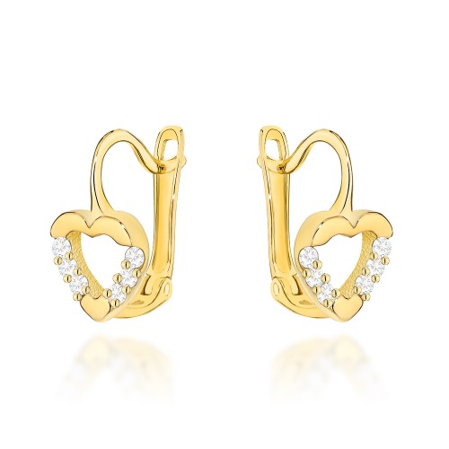 Kolczyki złote serce i cyrkonie po bokach