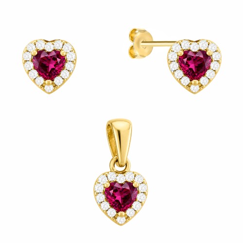 Set: Earrings + Heart Pendant in Ruby Color, Encrusted with Zirconia, 585 Gold