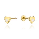 Gold heart stud earrings with cubic zirconia - screw back