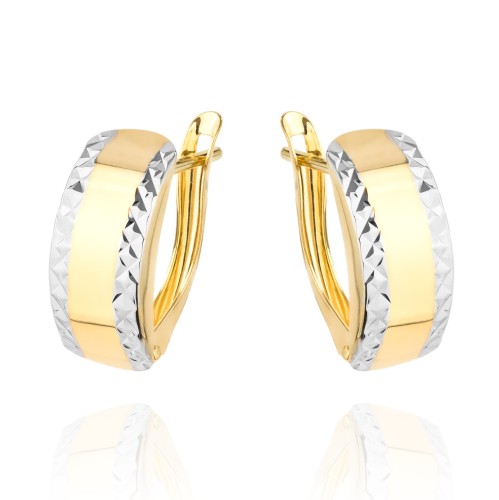 Kolczyki złote diamentowane na obu brzegach dwa kolory złota zaokrąglone